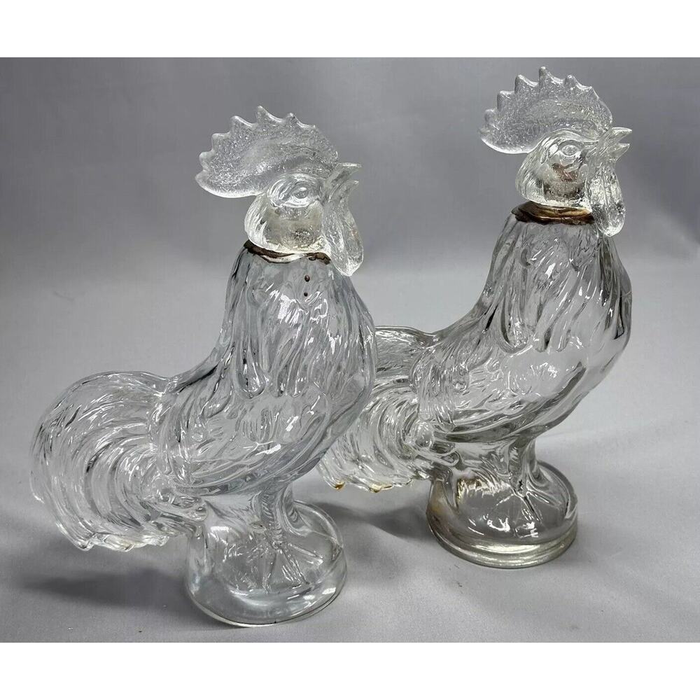 Elegant Clear Glass Rooster Figurines - Set of 2